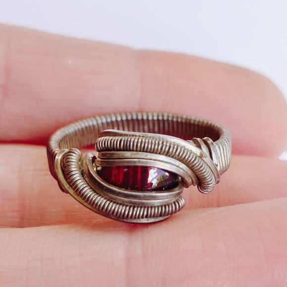 Artisan Wire Wrapped Silver Ring Red Glass Cabochon Y2K Boho Fantasy Style - Picture 4 of 9